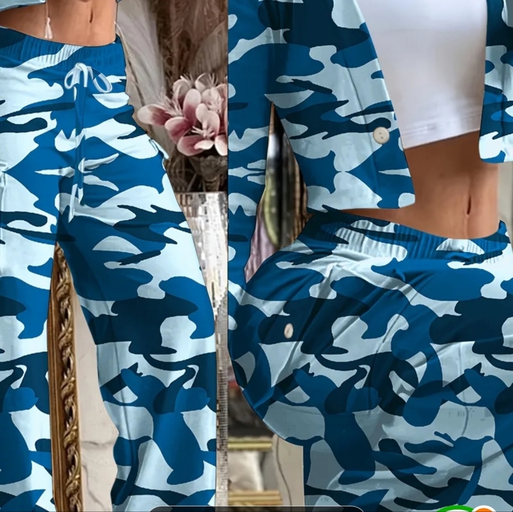 Women’s Blue Camouflage Wide-Leg Pants